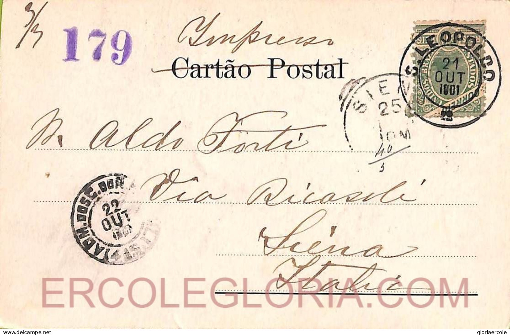 Ad6126 - BRAZIL - POSTAL HISTORY -  POSTCARD  From SAN LEOPOLDO To ITALY  1901 - Covers & Documents