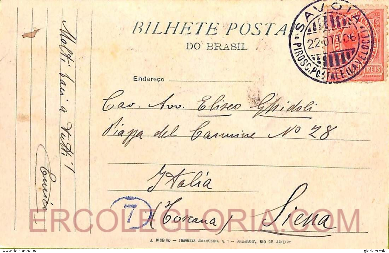 Ad6128 - BRAZIL - POSTAL HISTORY - POSTCARD To ITALY Aboard PIROSCAFO "SAVOIA" 1906 - Covers & Documents