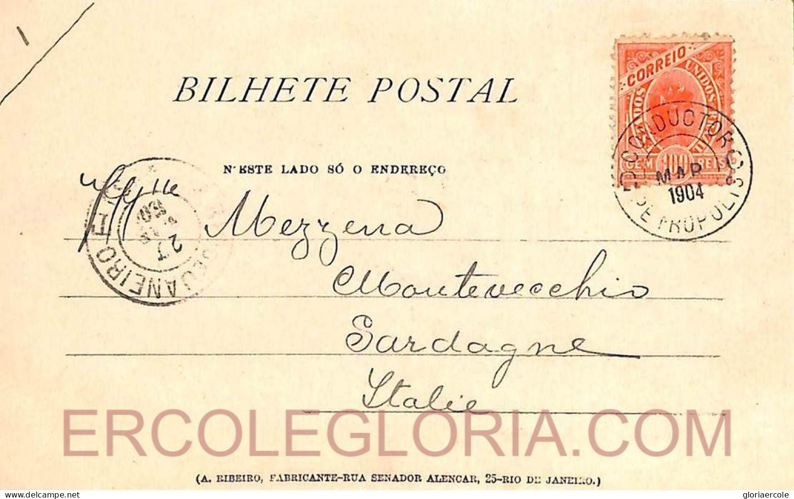Ad6129 - BRAZIL - POSTAL HISTORY - POSTCARD To ITALY - Conductor Petropolis 1904 - Covers & Documents