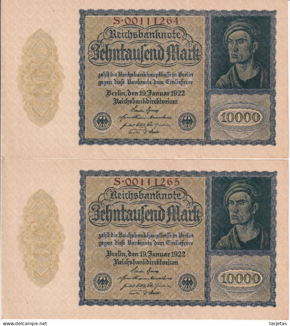 PAREJA CORRELATIVA DE ALEMANIA DE 10000 MARK DEL AÑO 1922 SIN CIRCULAR (UNC) (BANKNOTE) - 10000 Mark