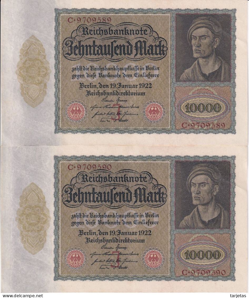 PAREJA CORRELATIVA DE ALEMANIA DE 10000 MARK DEL AÑO 1922 EN CALIDAD EBC (XF) (BANKNOTE) - 10.000 Mark