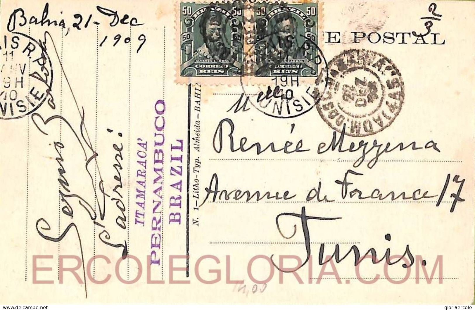 Ad6132 - BRAZIL - POSTAL HISTORY - POSTCARD To TUNIS Tunisia 1910 - Lettres & Documents