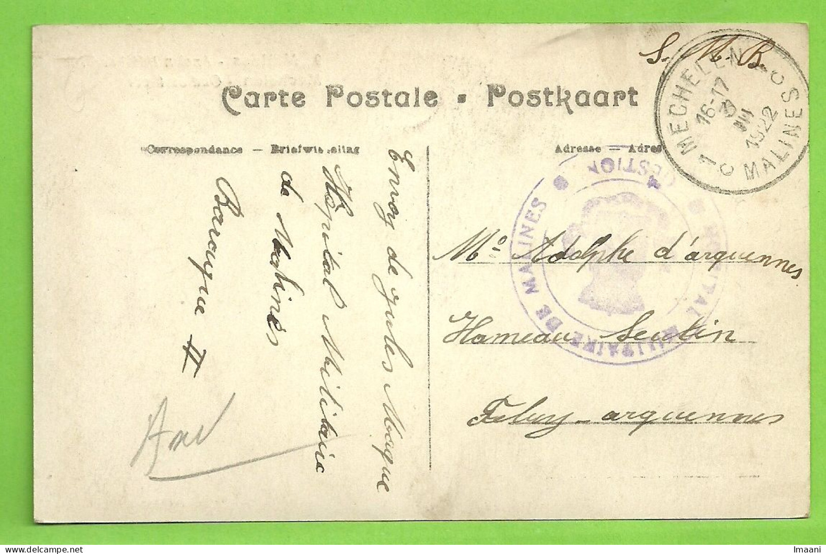 Kaart Stempel MALINES + Stempel HOPITAL MILITAIRE DE MALINES / GESTION (X313) - Armeestempel