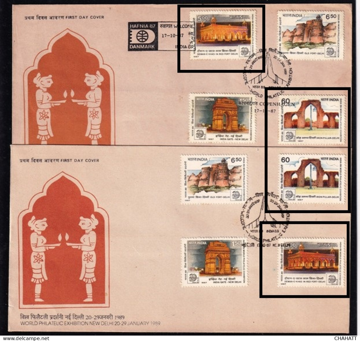 INDIA-1987-HERITAGE MONUMENTS- SET OF FDCs -CANCELLED IN INDIA AND DENMARK- ERROR- COLOR VARIETIES-BX4-17 - Errors, Freaks & Oddities (EFO)