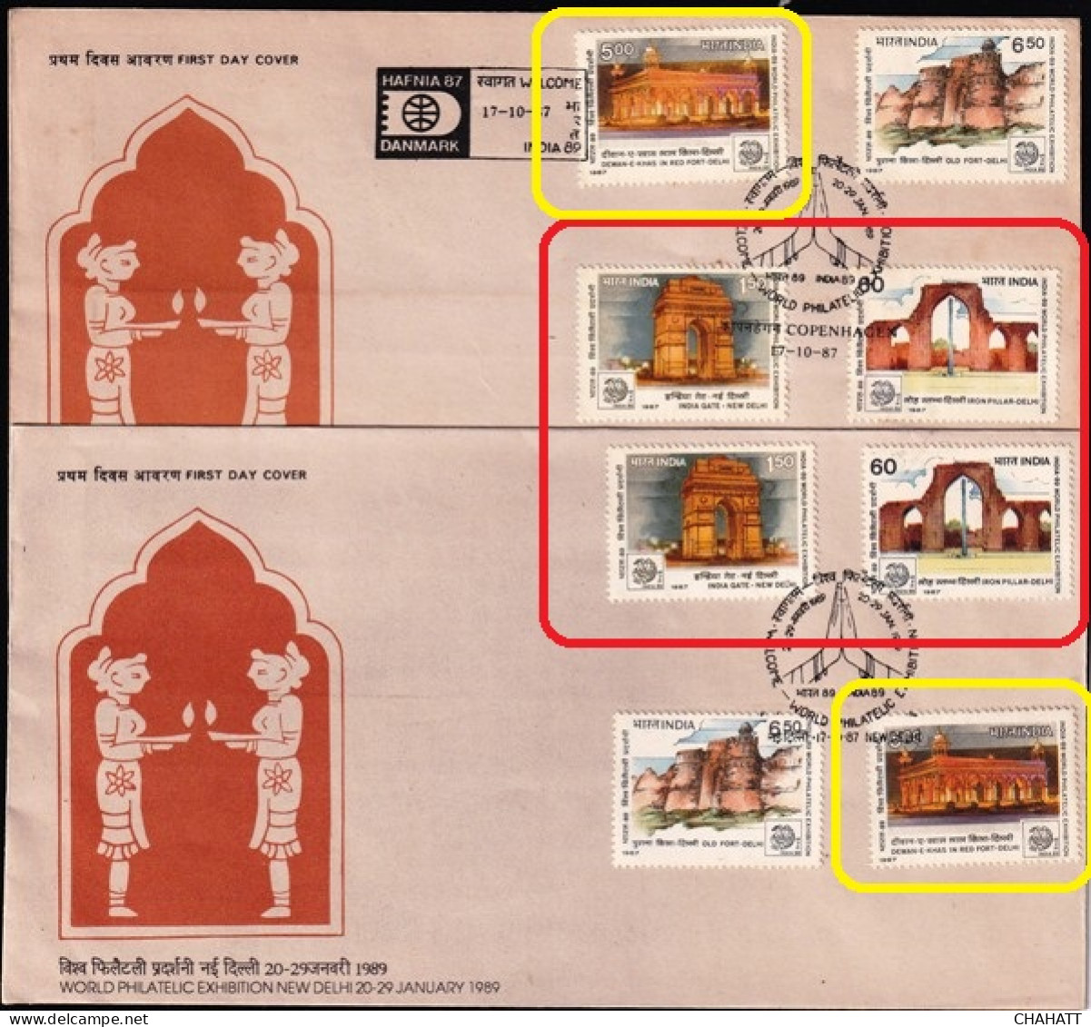 INDIA-1987-HERITAGE MONUMENTS- SET OF FDCs -CANCELLED IN INDIA AND DENMARK- ERROR- COLOR VARIETIES-BX4-17 - Abarten Und Kuriositäten