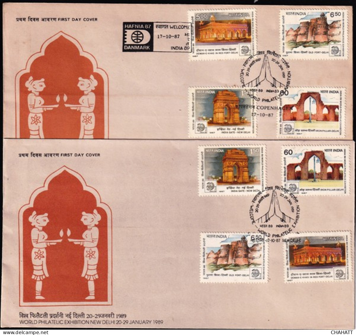 INDIA-1987-HERITAGE MONUMENTS- SET OF FDCs -CANCELLED IN INDIA AND DENMARK- ERROR- COLOR VARIETIES-BX4-17 - Plaatfouten En Curiosa