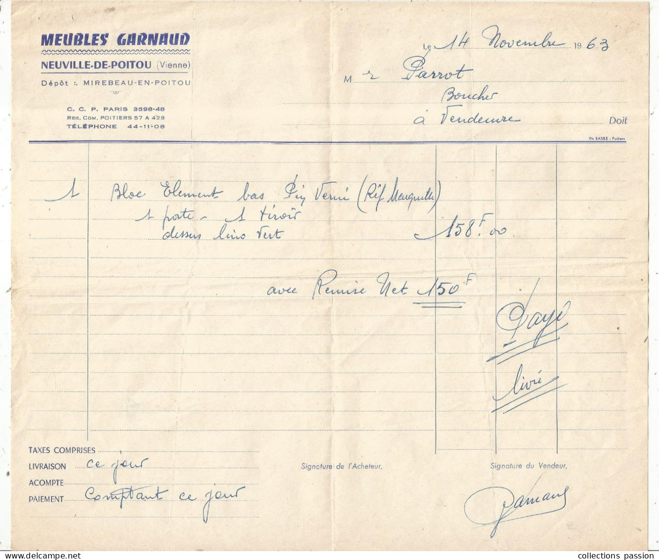 Facture, MEUBLE GARNAUD, 86, NEUVILLE DE POITOU, Dépôt : MIREBEAU EN POITOU, 1963, Frais Fr 1.65 E - 1950 - ...