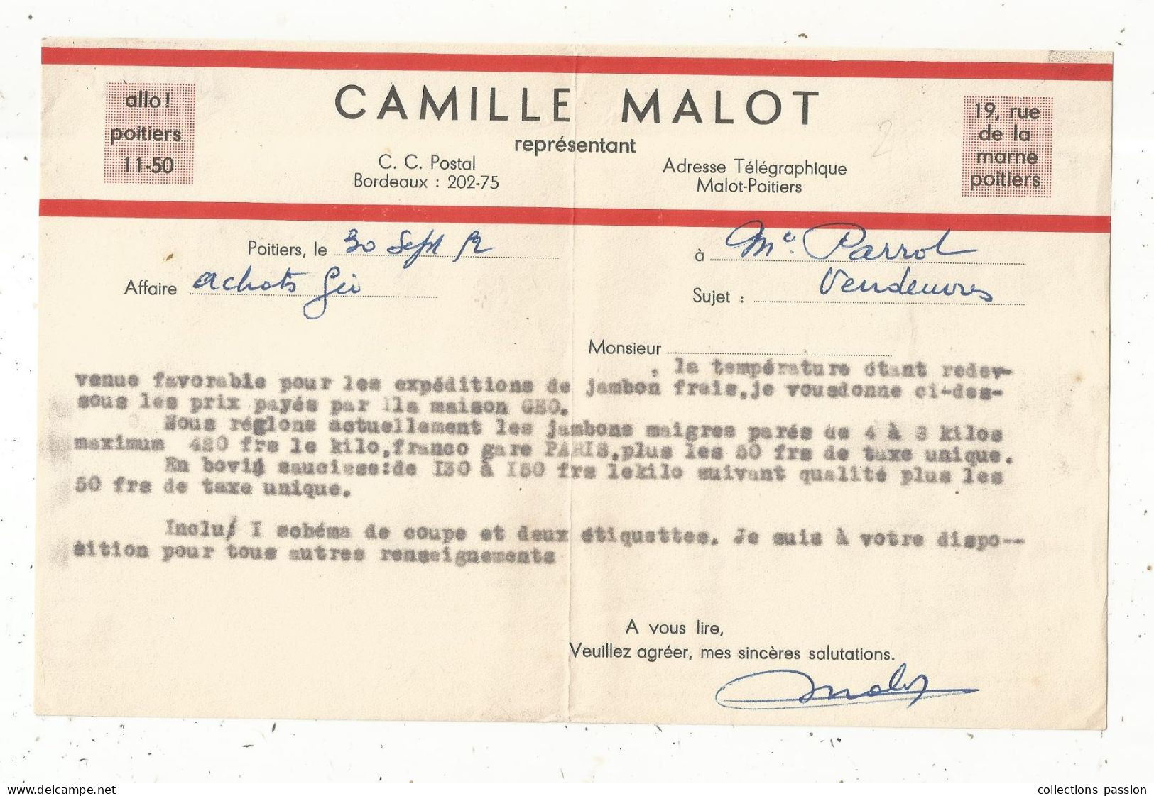 Lettre Sur En Tête CAMILLE MALOT Représentant Maison GEO, 86, POITIERS, 1952, Frais Fr 1.55 E - 1950 - ...