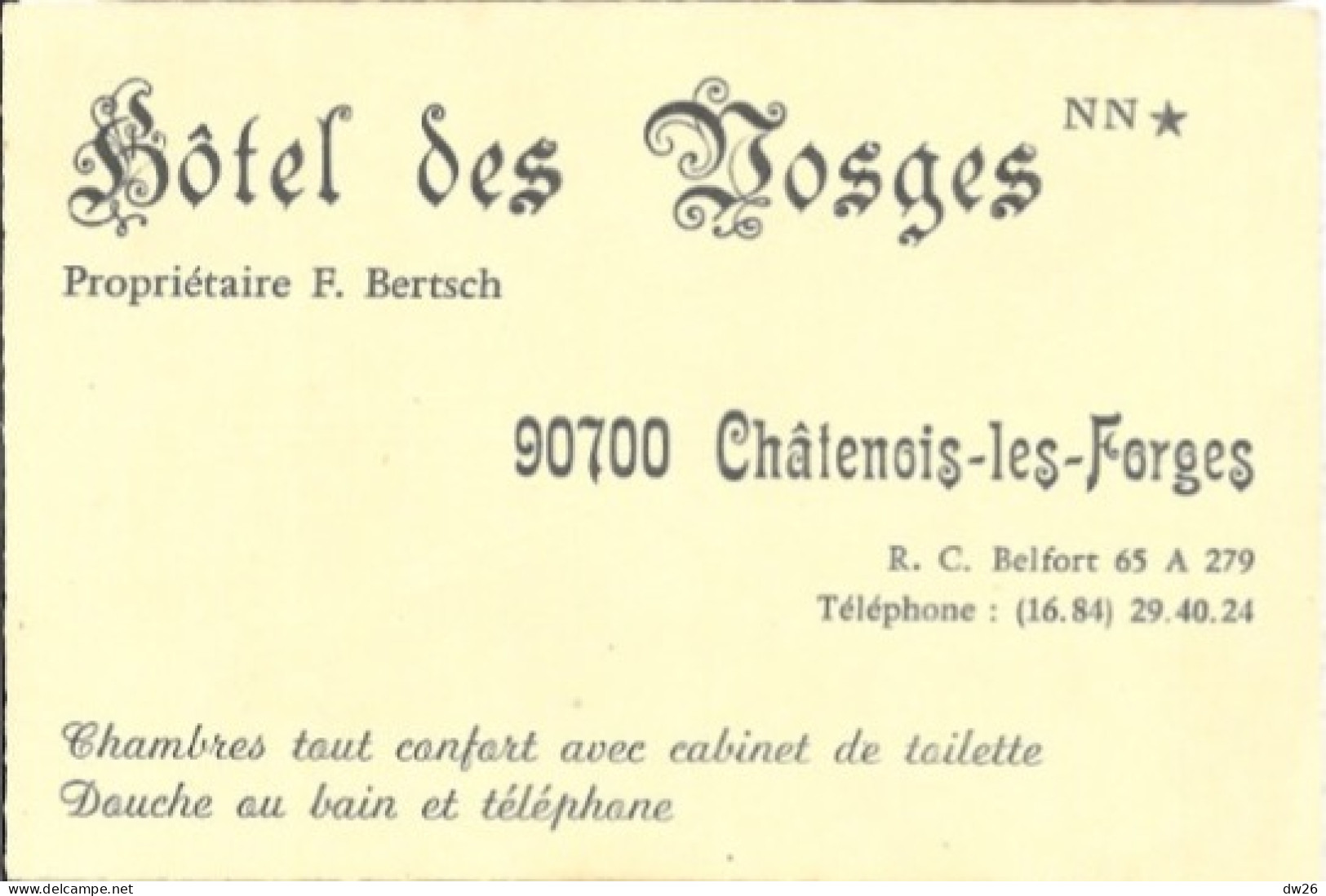 Carte De Visite Publicitaire: Hôtel Des Vosges (F. Bretsch) à Châtenois-les-Forges (90 Territoire De Belfort) - Visitenkarten