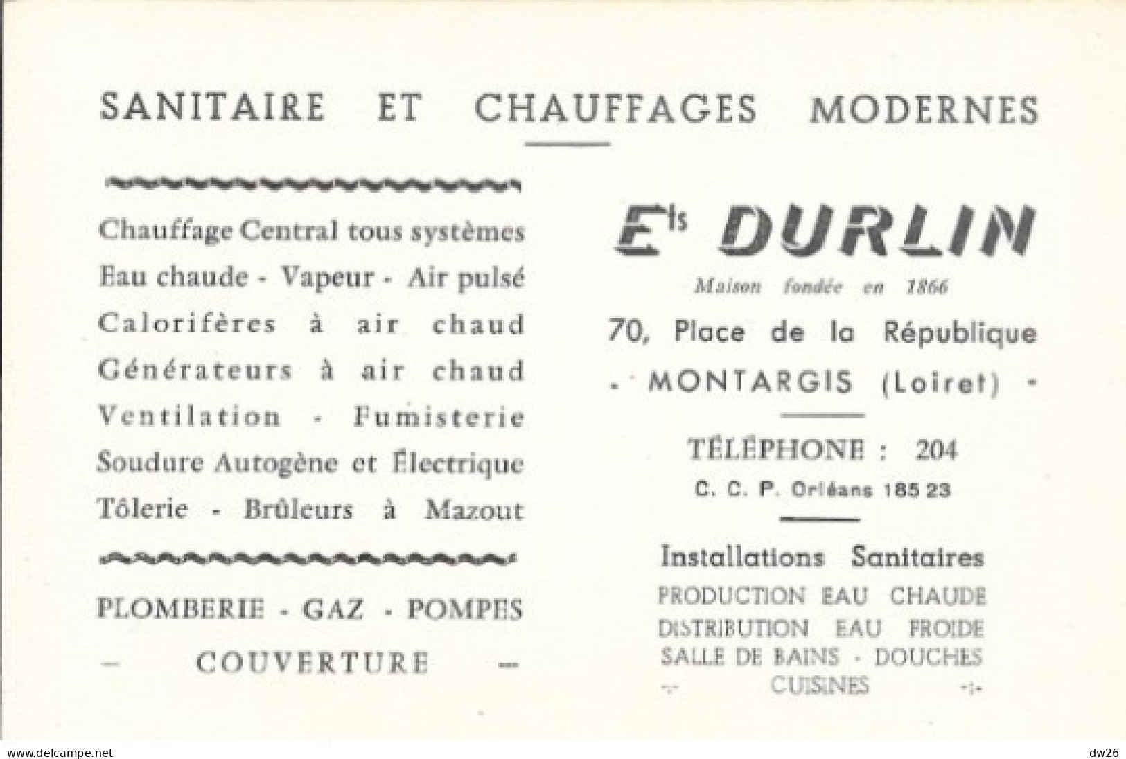 Carte De Visite Professionnelle: Etablissements Durlin (Sanitaire Et Chauffages) Montargis, Loiret - Visitekaartjes