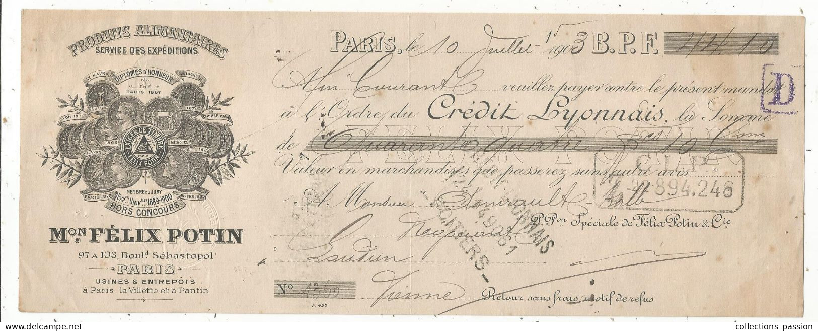 Mandat, Maison FELIX POTIN, PARIS, 1903, Produits Alimentaires,  Frais Fr 1.65 E - Lettres De Change