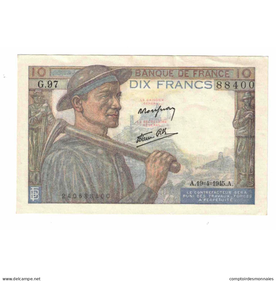 France, 10 Francs, Mineur, 1945, G.97, SUP+, Fayette:8.13, KM:99b - 10 F 1941-1949 ''Mineur''