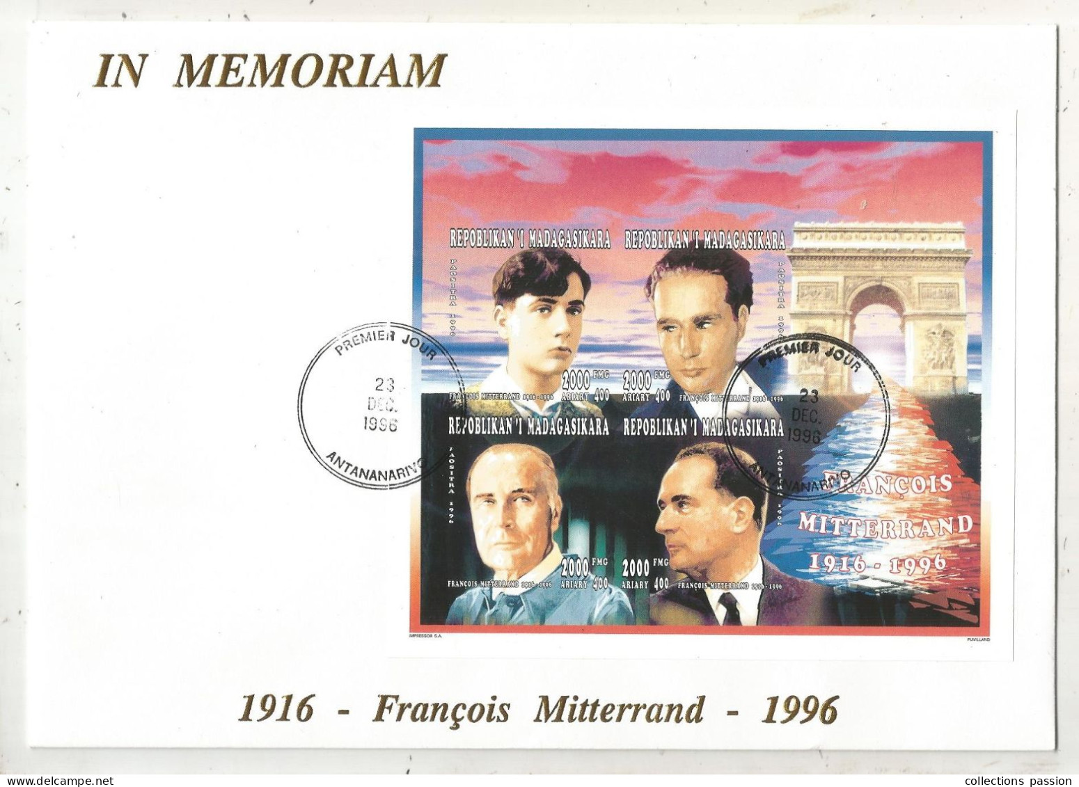 FDC, Premier Jour, MADAGASCAR, Madagasikara, IN MEMORIUM, Antananarivo, 1996, F. MITTERRAND, Frais Fr 2.15 E - Madagascar (1960-...)