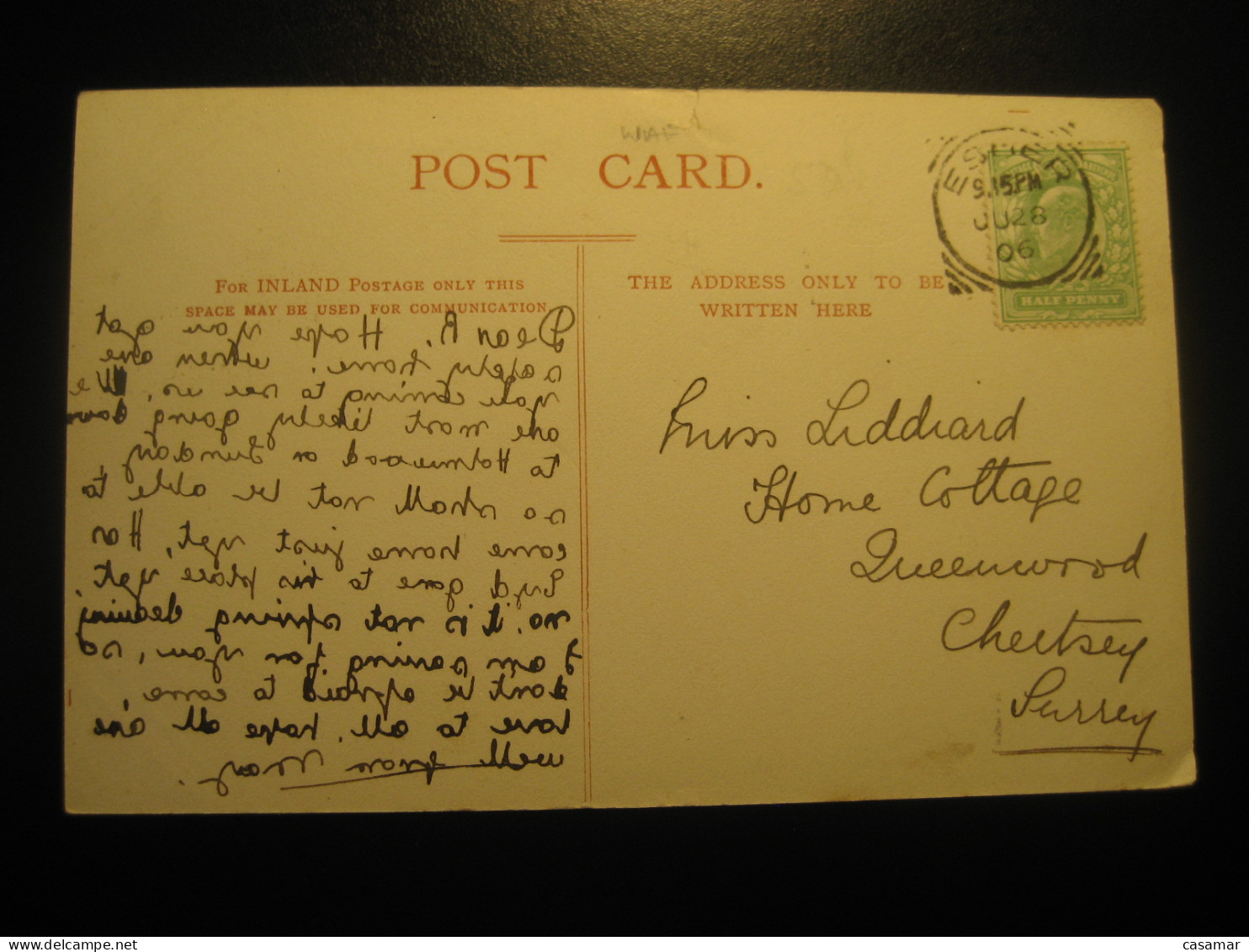 ESPIER Surrey 1906 To Chertsey Cancel RUXLEY LODGE Slight Damaged Postcard ENGLAND - Surrey