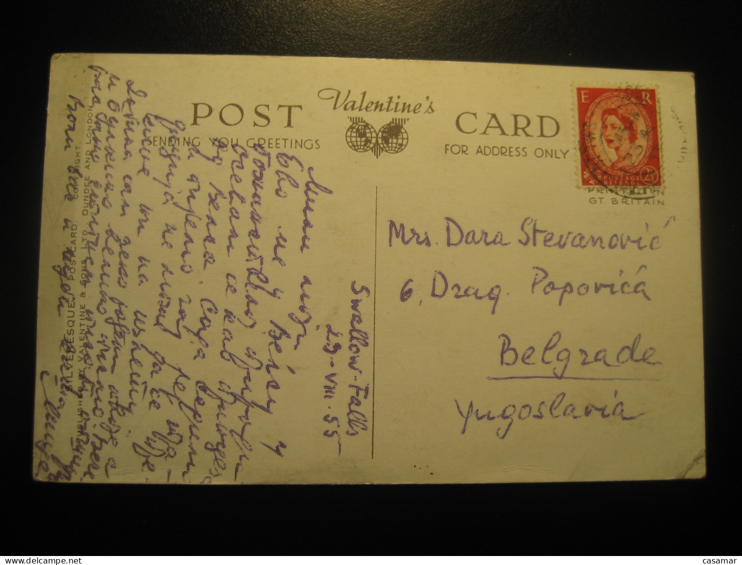 1955 To Belgrade Yugoslavia SWALLOW FALLS Betws-Y-Coed Conwy Valley Postcard ENGLAND UK GB - Municipios Desconocidos