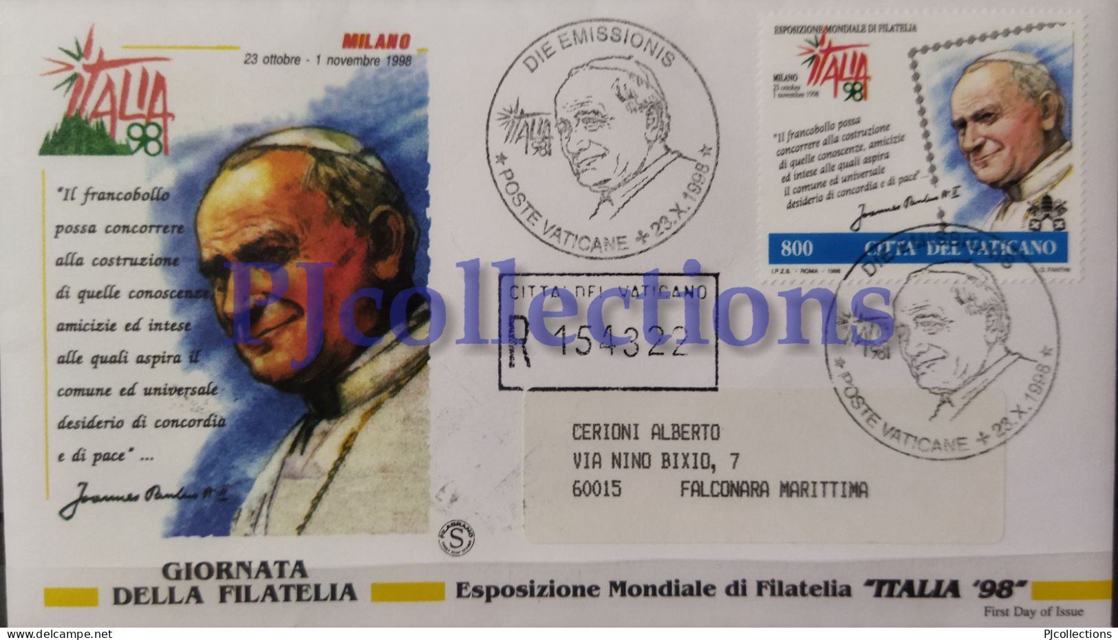 3891- VATICANO - VATICAN CITY 1998 BUSTA "ITALIA 98" 1° GIORNO C/AFFRANCATURA MISTA IN RACCOMANDATA - Cartas & Documentos