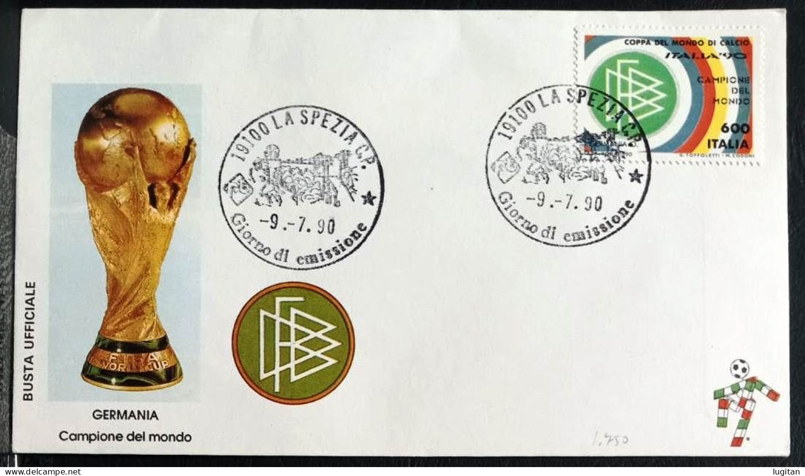 ITALIA REPUBBLICA - FDC ROMA - CALCIO SOCCER ANNO 1990 -  AS LA SPEZIA - GERMANIA CAMPIONE - ITALIA '90 - FDC