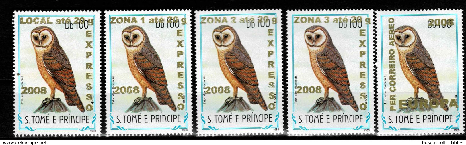 S. Tomé & Principe 2009 Mi. 3963 - 3966 + 3968 Oiseaux Birds Vögel Chouette Eule Owl Faune Fauna Overprint Surcharge 5v. - Eulenvögel