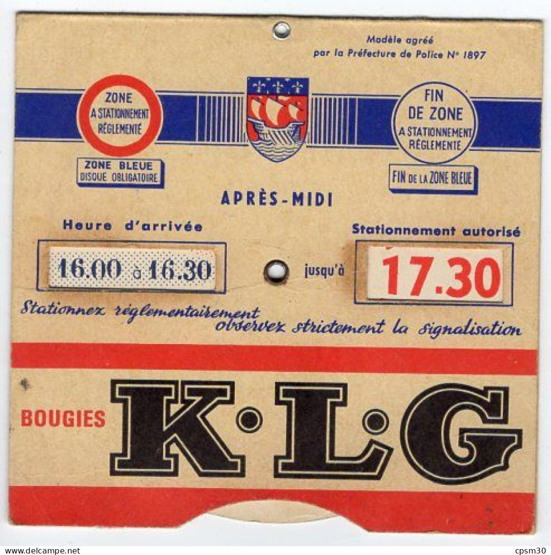 DISQUE DE STATIONNEMENT, Ville De Paris, Publicité Bougies KLG - Voitures