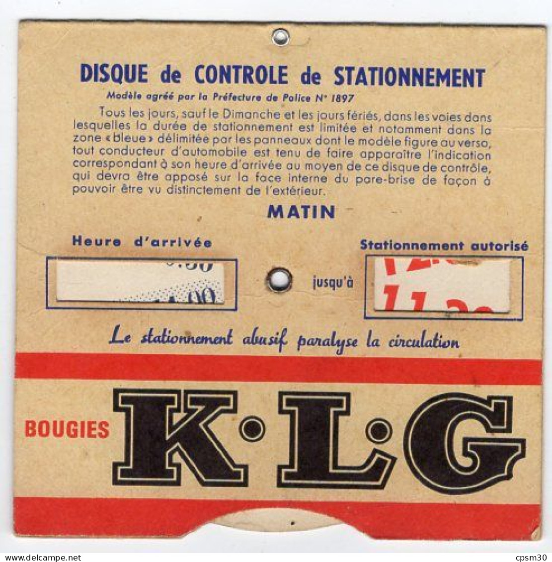 DISQUE DE STATIONNEMENT, Ville De Paris, Publicité Bougies KLG - Voitures