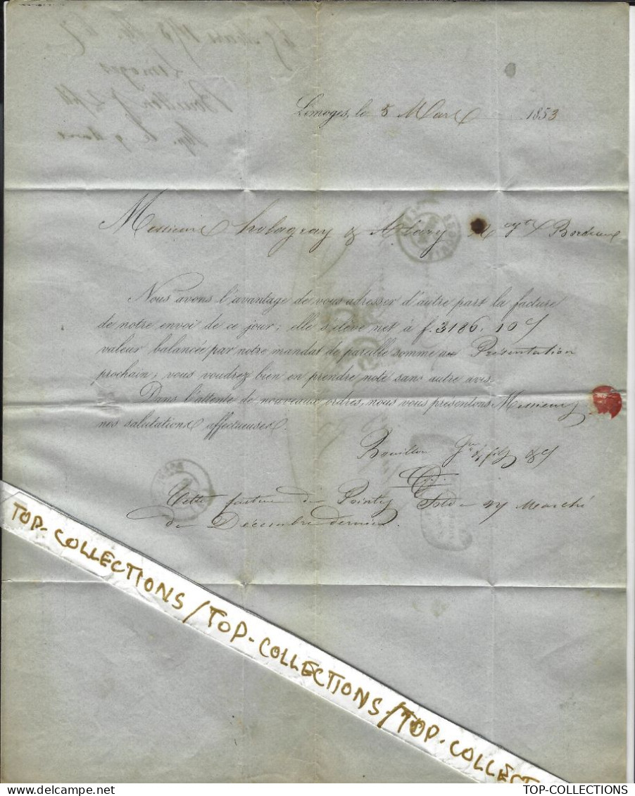 1853  LETTRE Forges De La Rivière  Bouillon à Champagnac   Limoges Haute Vienne => Holagray & Alary Bordeaux  V.HIST. - 1800 – 1899