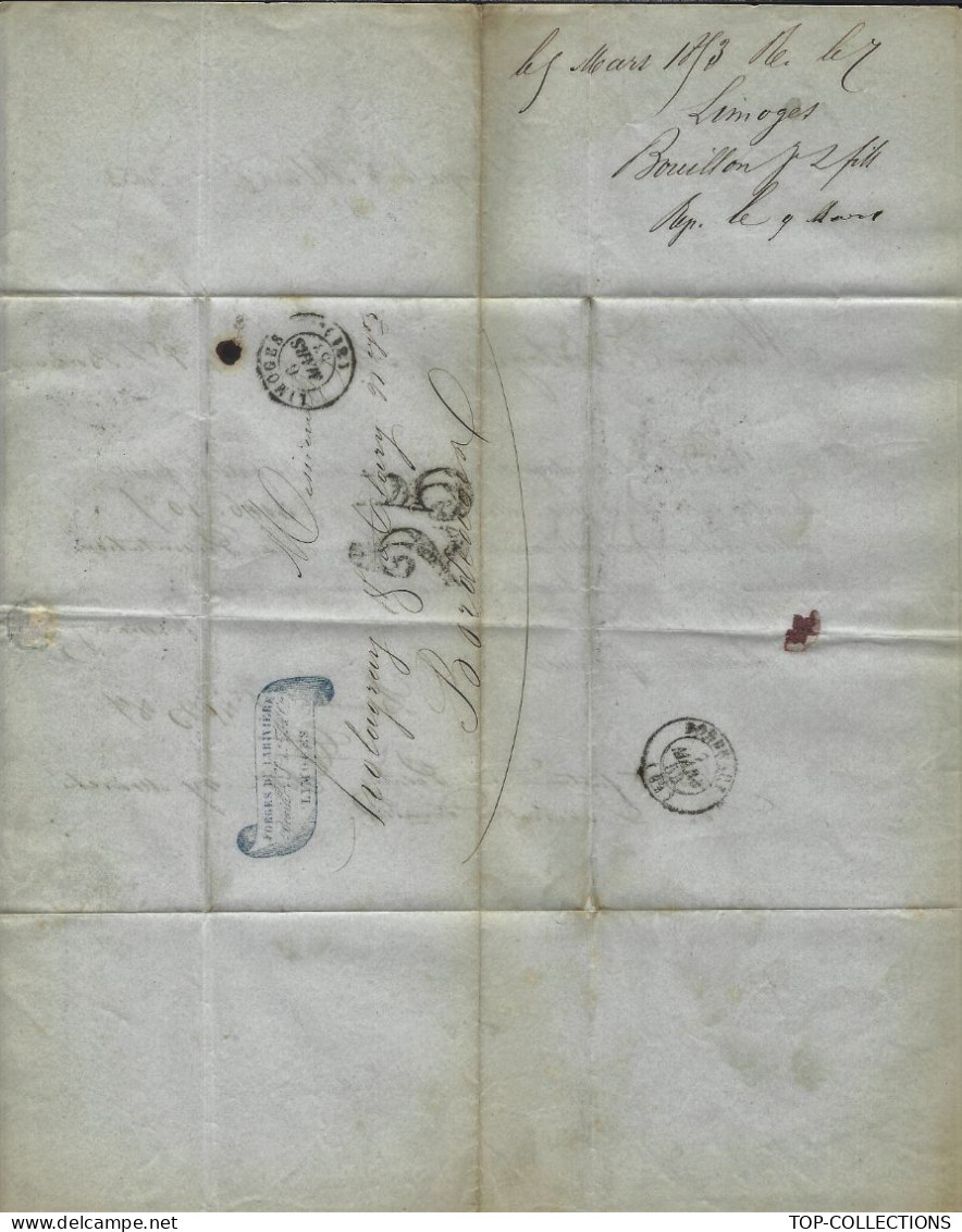 1853  LETTRE Forges De La Rivière  Bouillon à Champagnac   Limoges Haute Vienne => Holagray & Alary Bordeaux  V.HIST. - 1800 – 1899