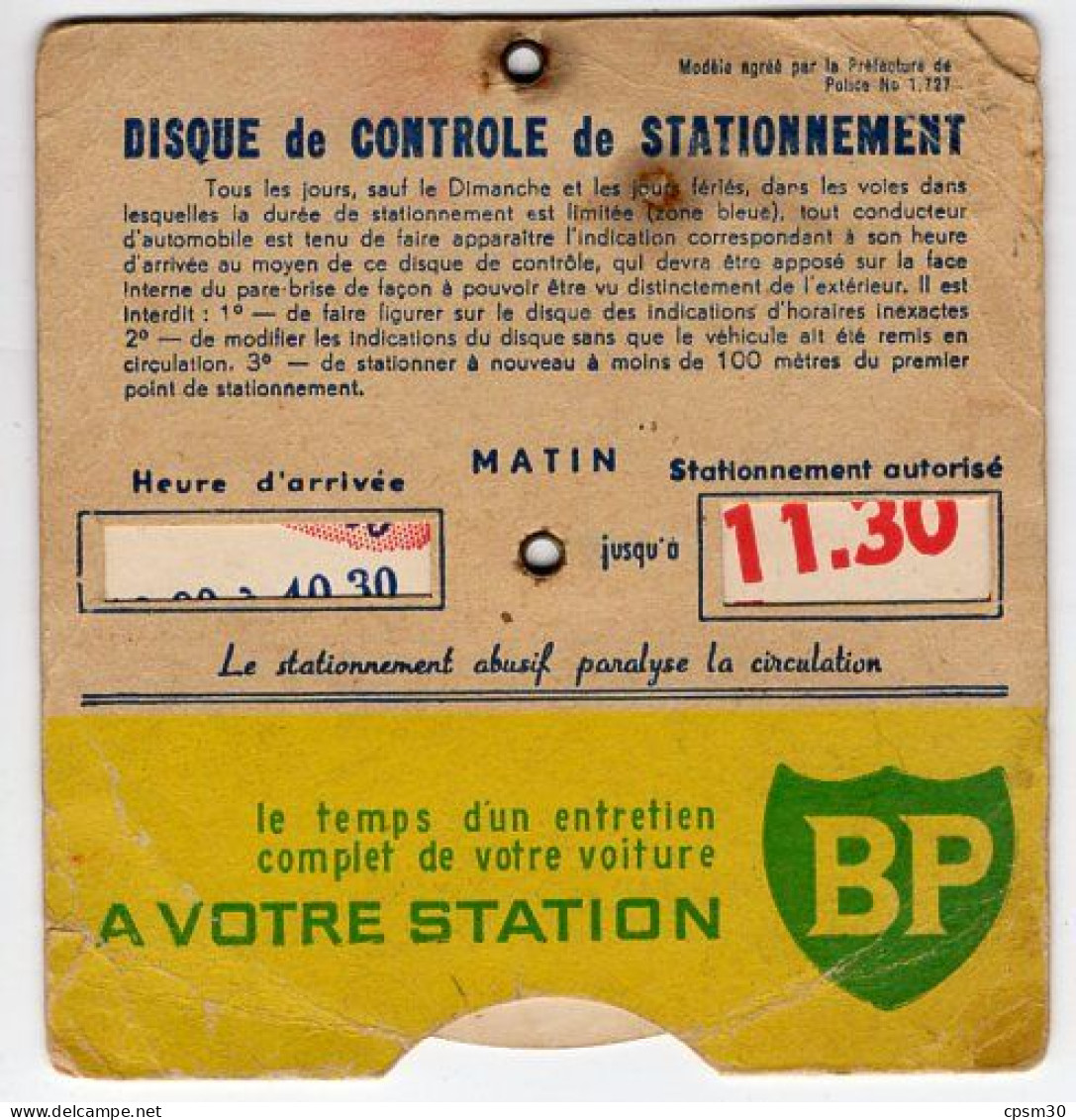 DISQUE DE STATIONNEMENT, Publicité Votre Station BP - Voitures