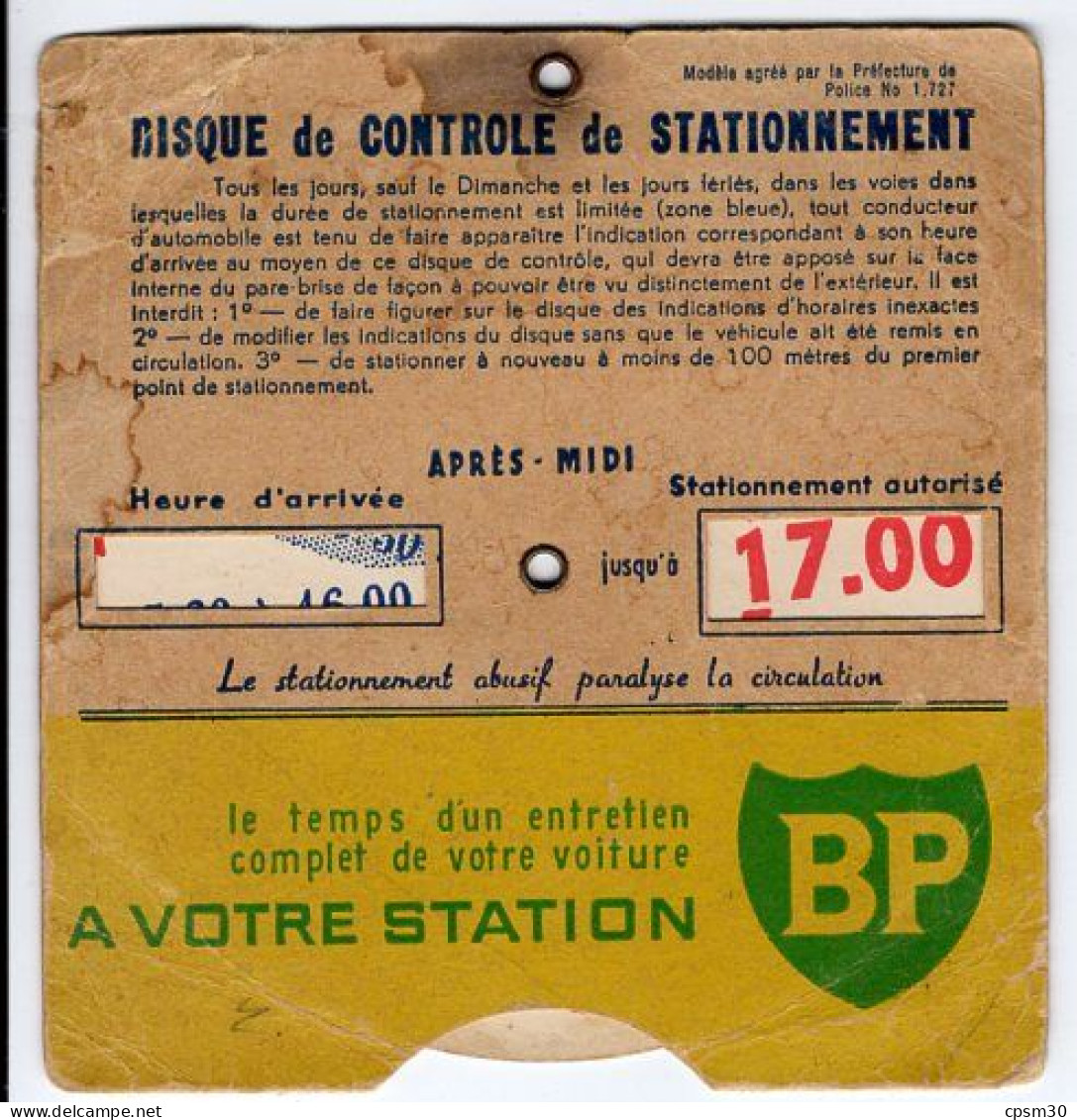 DISQUE DE STATIONNEMENT, Publicité Votre Station BP - Voitures