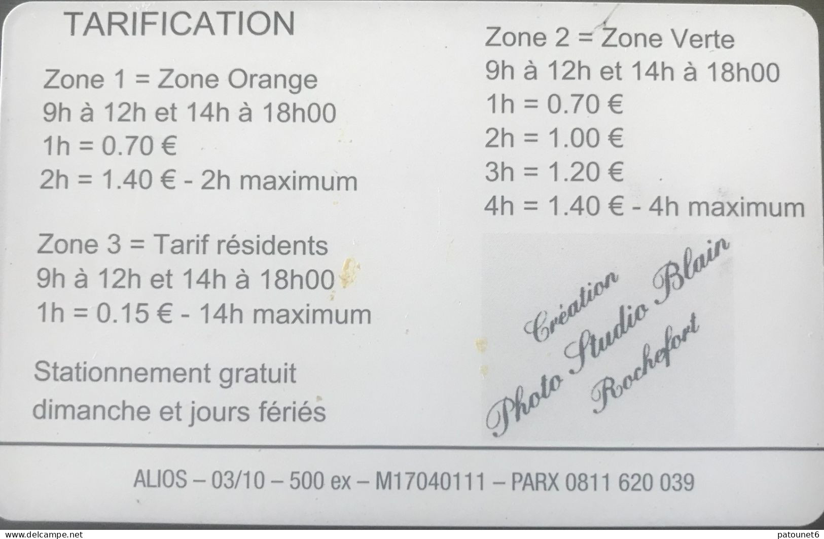 PIAF  -   ROCHEFORT   -   Fontaine, Place Colbert  -  OMNIPARC, Gpe Q PARK -  100 Unités - 35 E. - Cartes De Stationnement, PIAF