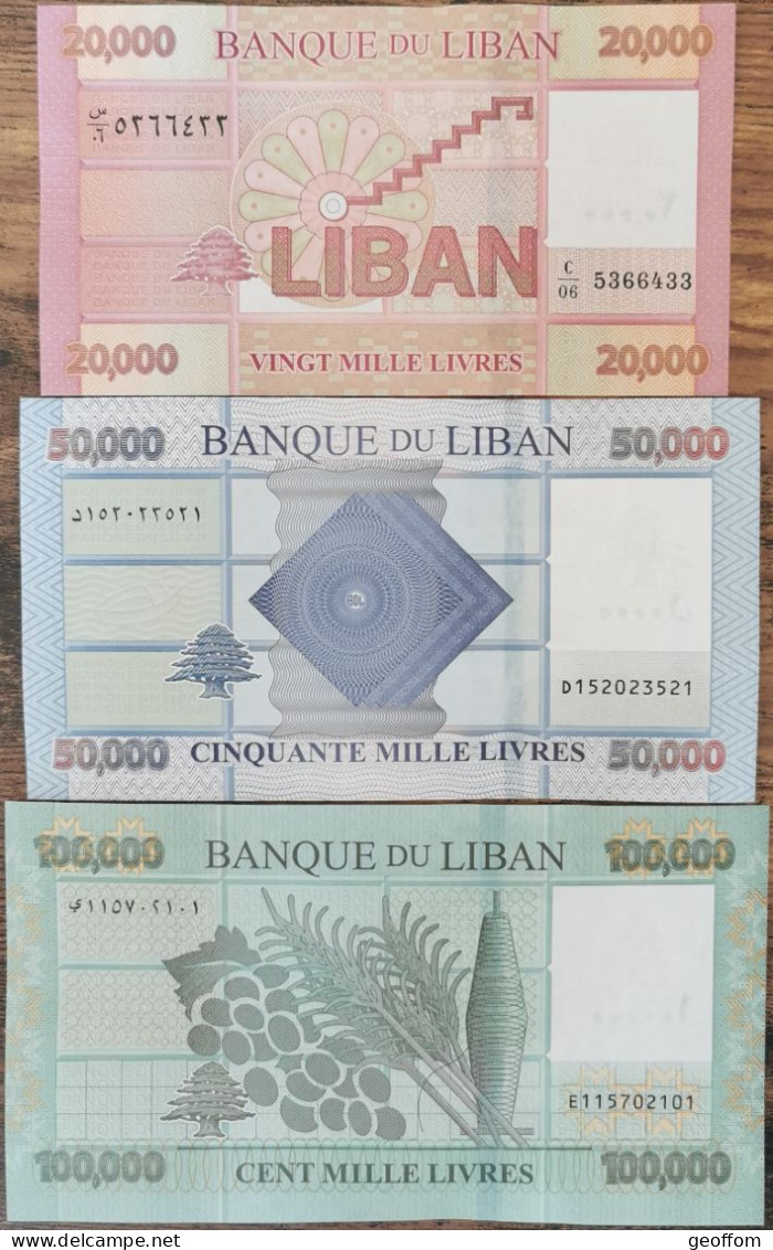 Lot 3 Billets LIBAN De 20000 50000 & 100000 Livres - Neuf UNC - Liban