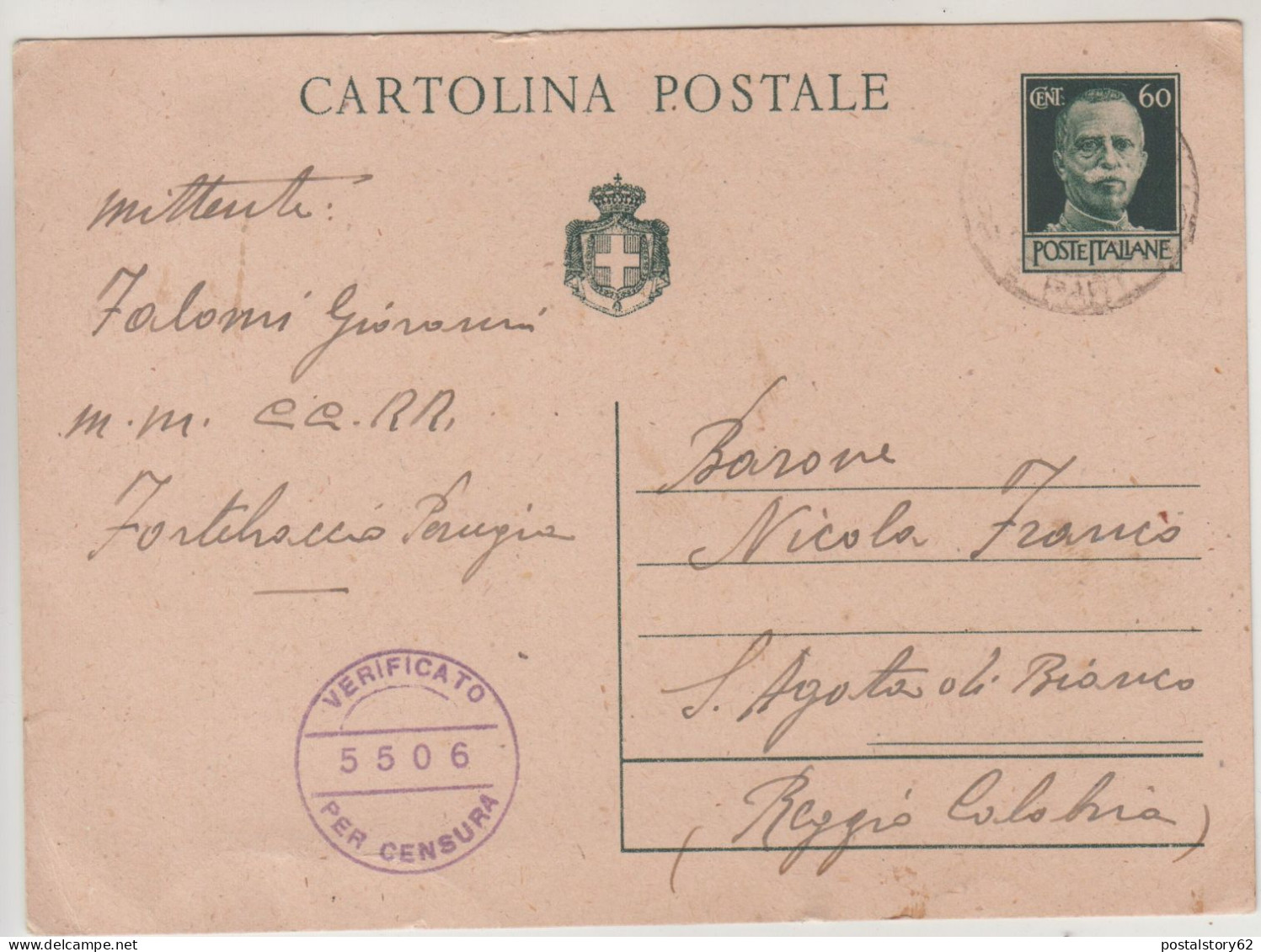 Perugia Per S. Agata Di Bianco (R.C.) Cartolina Intero Postale . 23/03/1945 Verificata Per Censura - Interi Postali