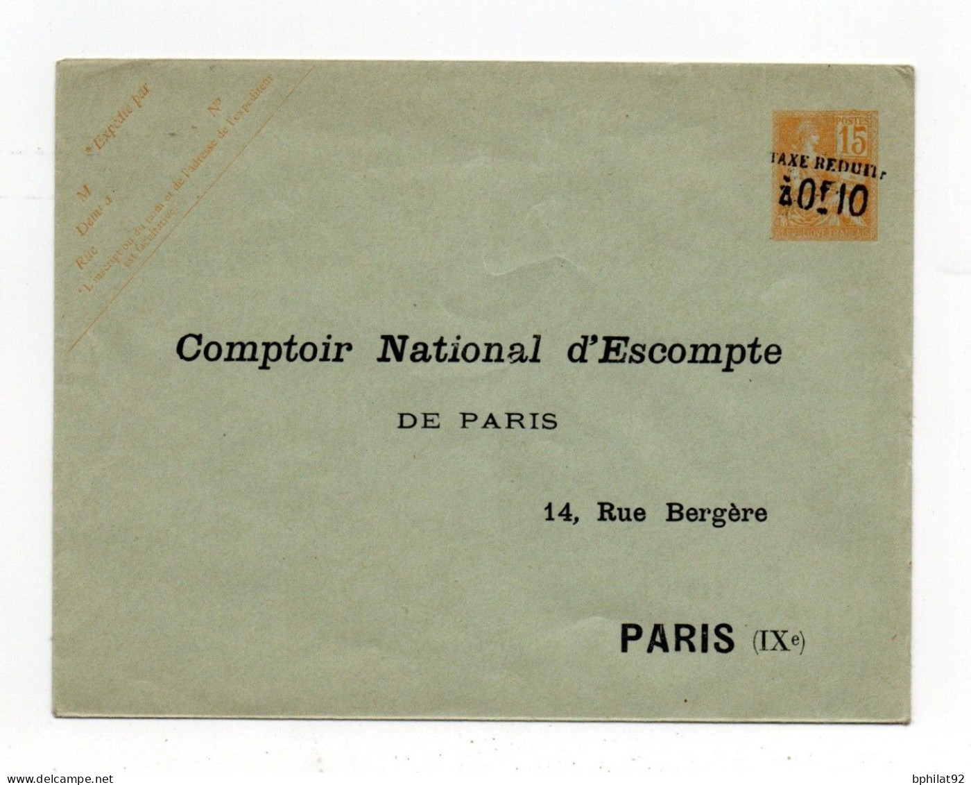 !!! ENTIER POSTAL 15 C MOUCHON SURCHARGE AVEC REPIQUAGE COMPTOIR NATIONAL D'ESCOMPTE - Buste Ristampe (ante 1955)