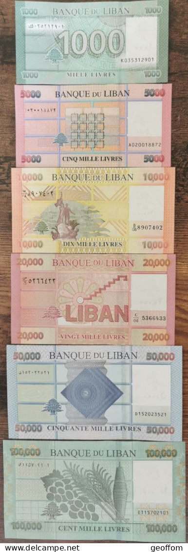 Lot 6 Billets LIBAN De 1000 - 5000 - 10000 - 20000 - 50000 & 100000 Livres - UNC - Liban