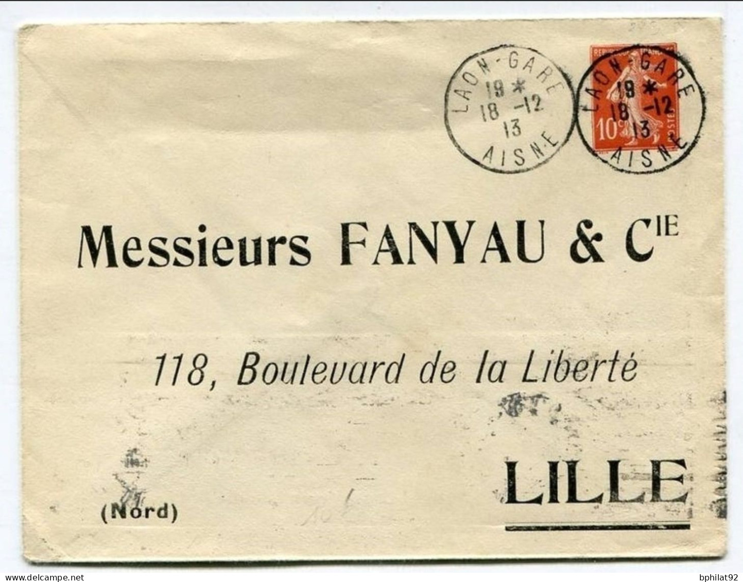 !!! ENTIER POSTAL 10 C SEMEUSE AVEC REPIQUAGE FANYAU - Buste Ristampe (ante 1955)