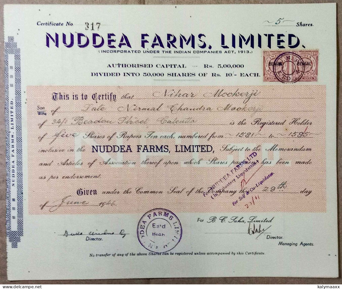 INDIA 1946 NUDDEA FARMS, LIMITED., AGRICULTURE BASE COMPANY.....SHARE CERTIFICATE - Landwirtschaft