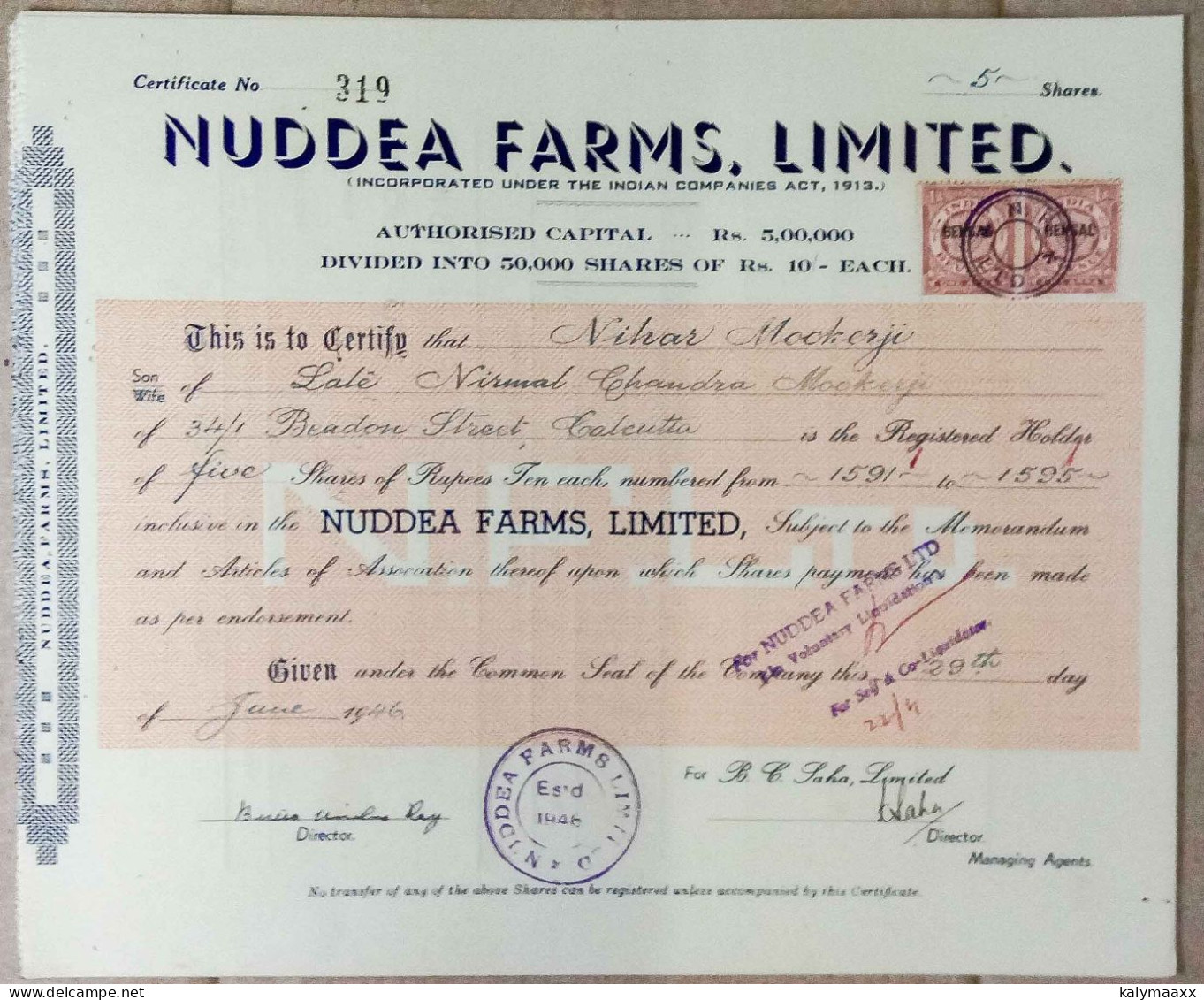 INDIA 1946 NUDDEA FARMS, LIMITED., AGRICULTURE BASE COMPANY.....SHARE CERTIFICATE - Agriculture