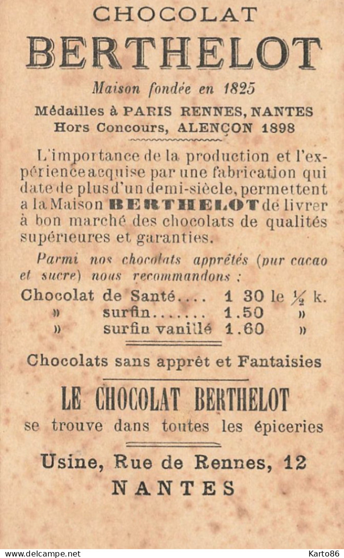 Cartes à Jouer Cards * Publicité Chocolat BERTHELOT Nantes 12 Rue De Rennes * Chromo Ancien Illustrateur Jeu De Carte - Cartes à Jouer