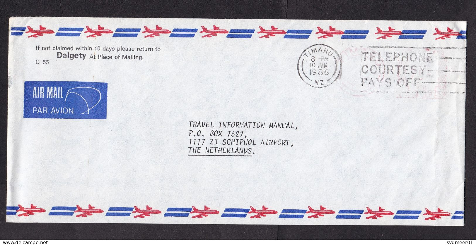 New Zealand: Airmail Cover To Netherlands, 1986, Meter Cancel, Cancel Telephone Courtesy Pays Off (minor Crease) - Covers & Documents