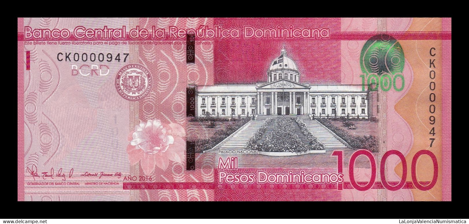 República Dominicana 1000 Pesos Dominicanos 2016 Pick 193c Low Serial 947 Sc Unc - Dominicana