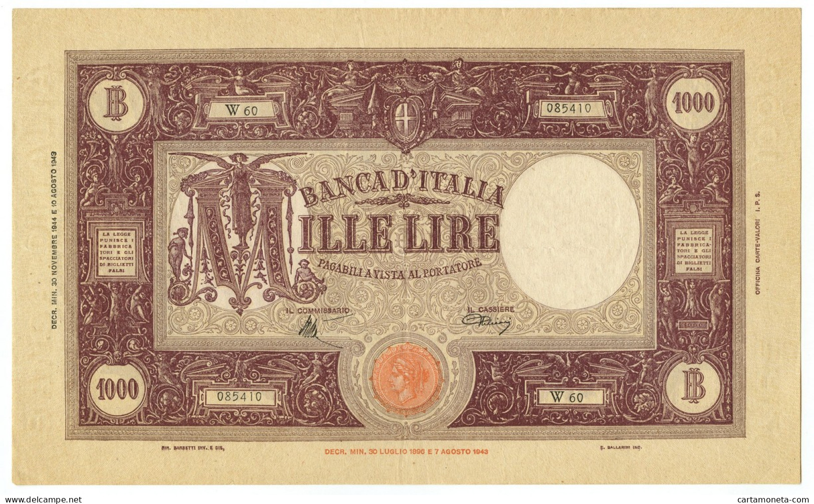 1000 LIRE BARBETTI GRANDE M TESTINA COMMISSARIO INTRONA 30/11/1944 QSPL - Sonstige