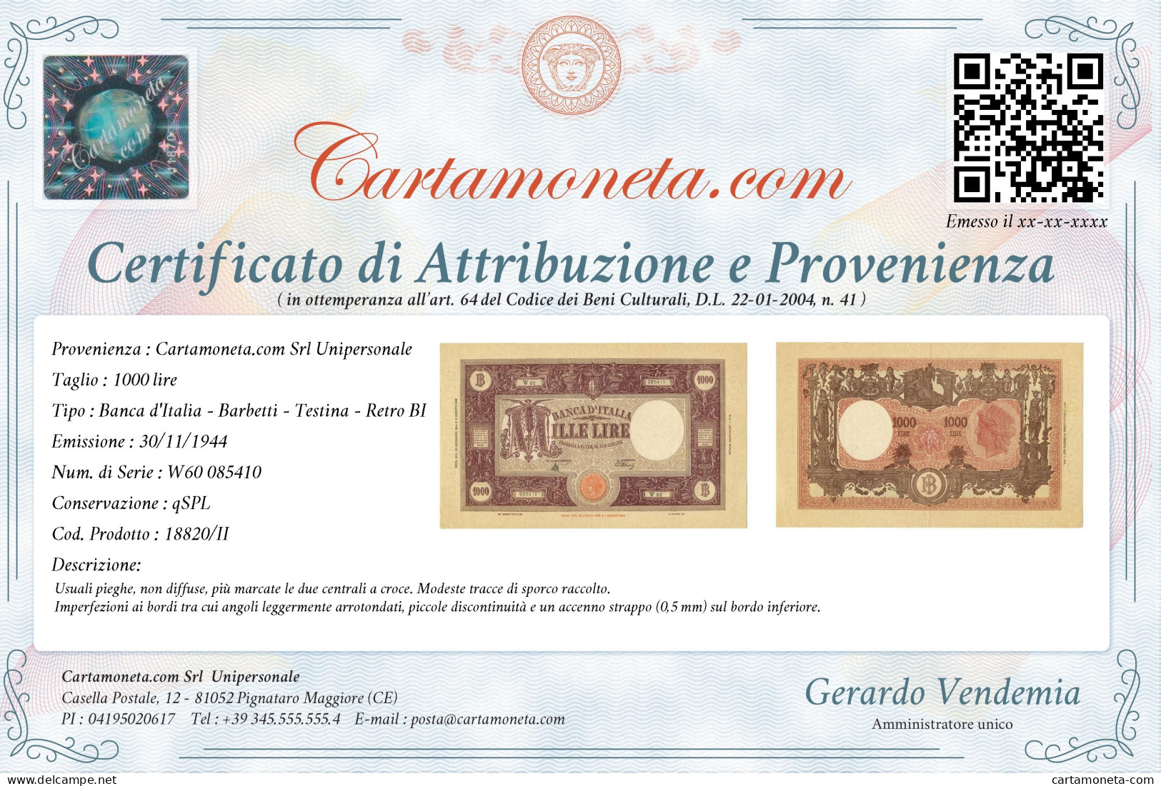 1000 LIRE BARBETTI GRANDE M TESTINA COMMISSARIO INTRONA 30/11/1944 QSPL - Regno D'Italia – Autres