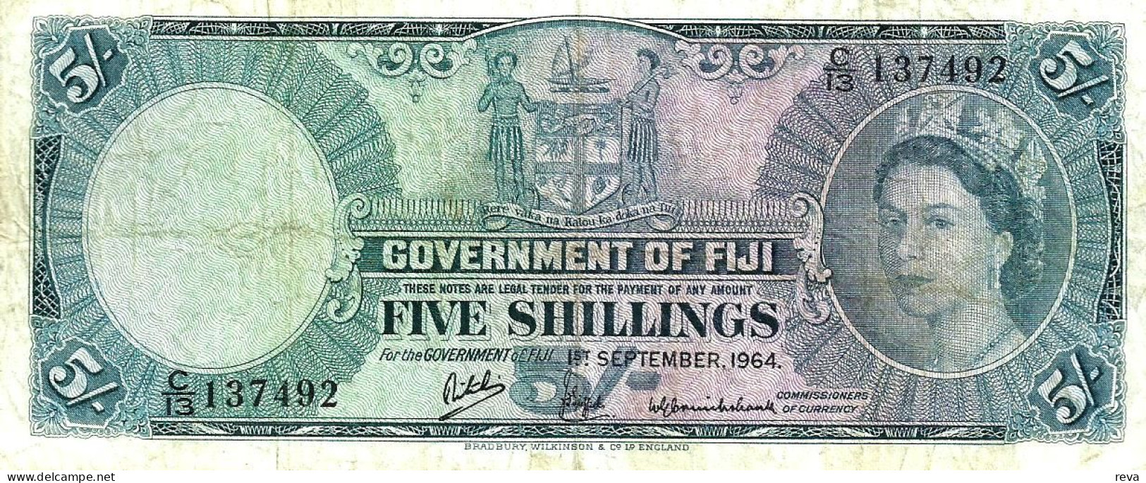 FIJI BRITISH 5 SHILLINGS BLUE QEII HEAD FRONT & MOTIF BACK DATED 01-09-1964 P.51d VF+ READ DESCRIPTION!! - Figi