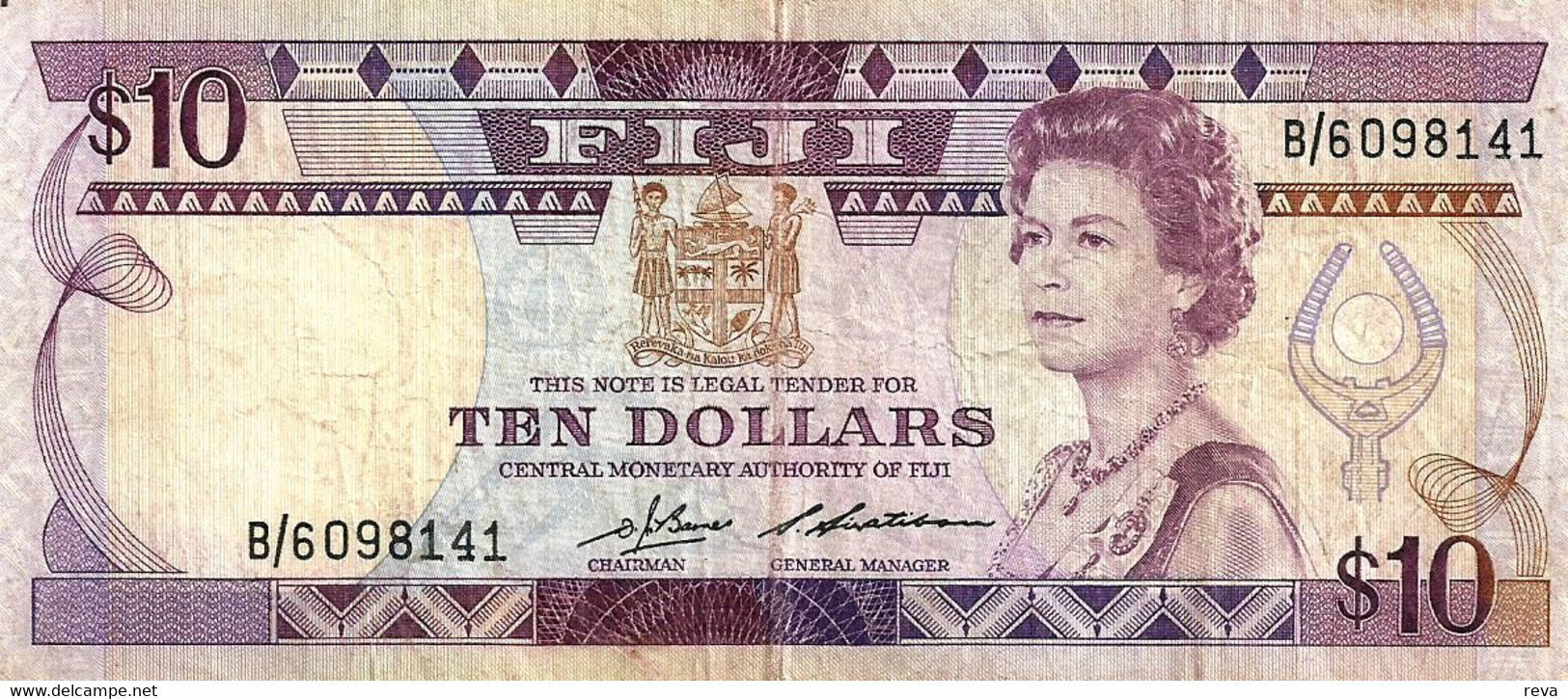 FIJI $10 PURPLE QEIII HEAD FRONT & PEOPLE BACK ND(1992)P.94a VF+ SIG, VARIETY READ DESCRIPTION!! - Fidji