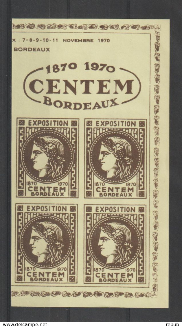 France 1970 Bloc De 4 Vignettes Centenaire Des émissions De Bordeaux - Briefmarkenmessen