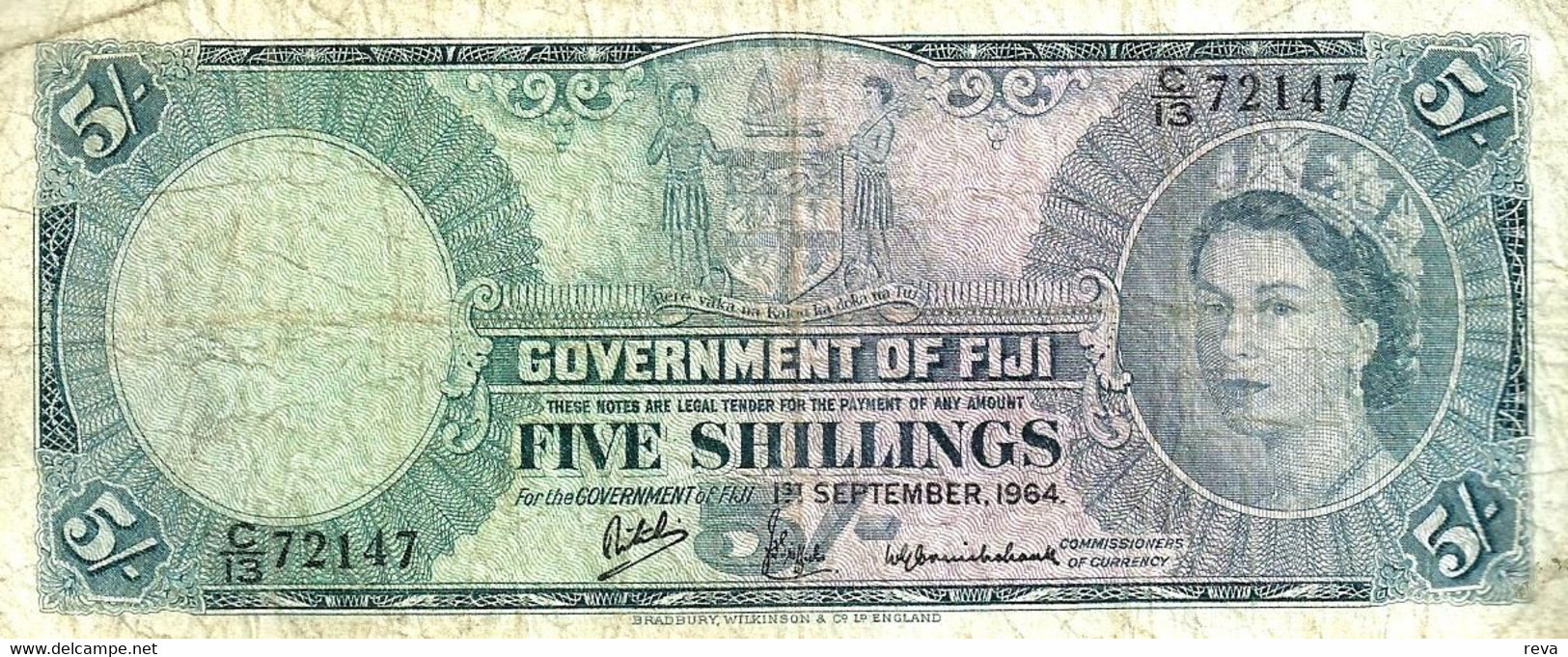 FIJI BRITISH 5 SHILLINGS BLUE QEII HEAD FRONT & MOTIF BACK DATED 01-09-1964 P.51d F+ READ DESCRIPTION!! - Figi