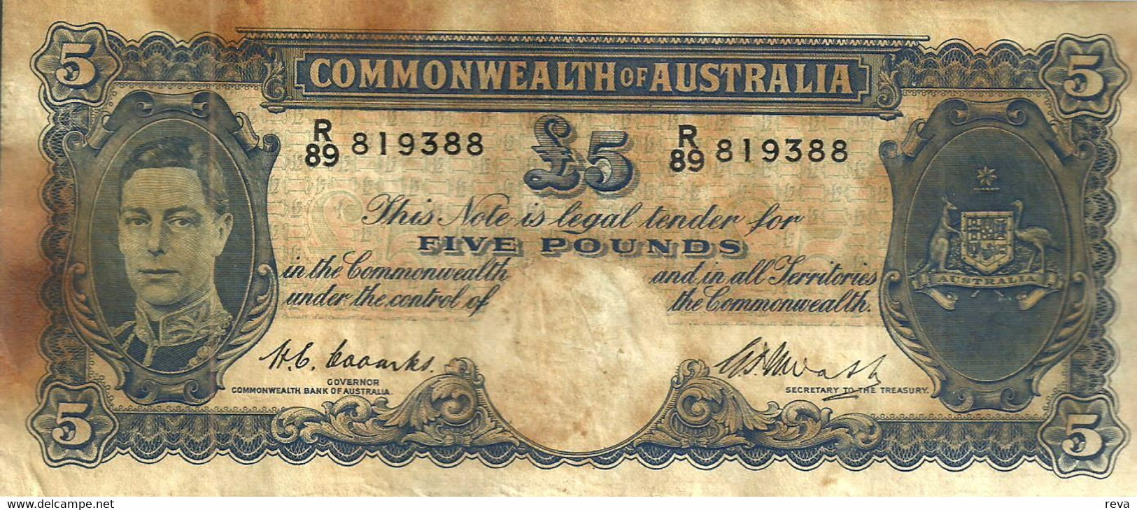 AUSTRALIA 5 POUNDS BLUE 3RD ISSUE KGVI HEAD ND(1949) SIG, COOMBS -WILSON WITHDRAWED 1966 F READ DESCRIPTION CAREFULLY !! - 1938-52