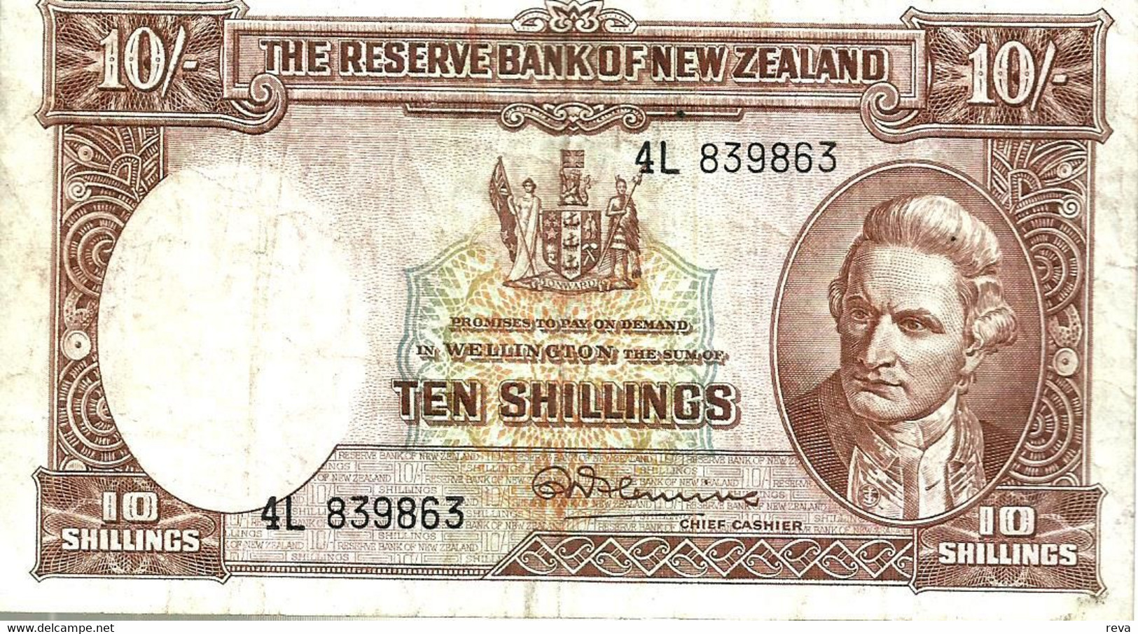 NEW ZEALAND 10 SHILLINGS BROWN COOK FRONT KIWI BIRD BACK ND(1967) VF  W/O SECURITY THREAD P.158d LAST READ DESCRIPTION!! - Neuseeland