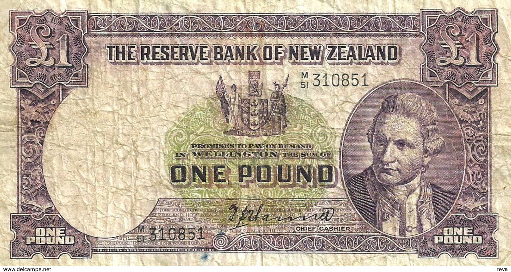 NEW ZEALAND 1 POUND PURPLE COOK DARKER FRONT SHIP BACK ND(1967) F W/O SECURITY THREAD P.159d LAST READ DESCRIPTION!! - Nueva Zelandía