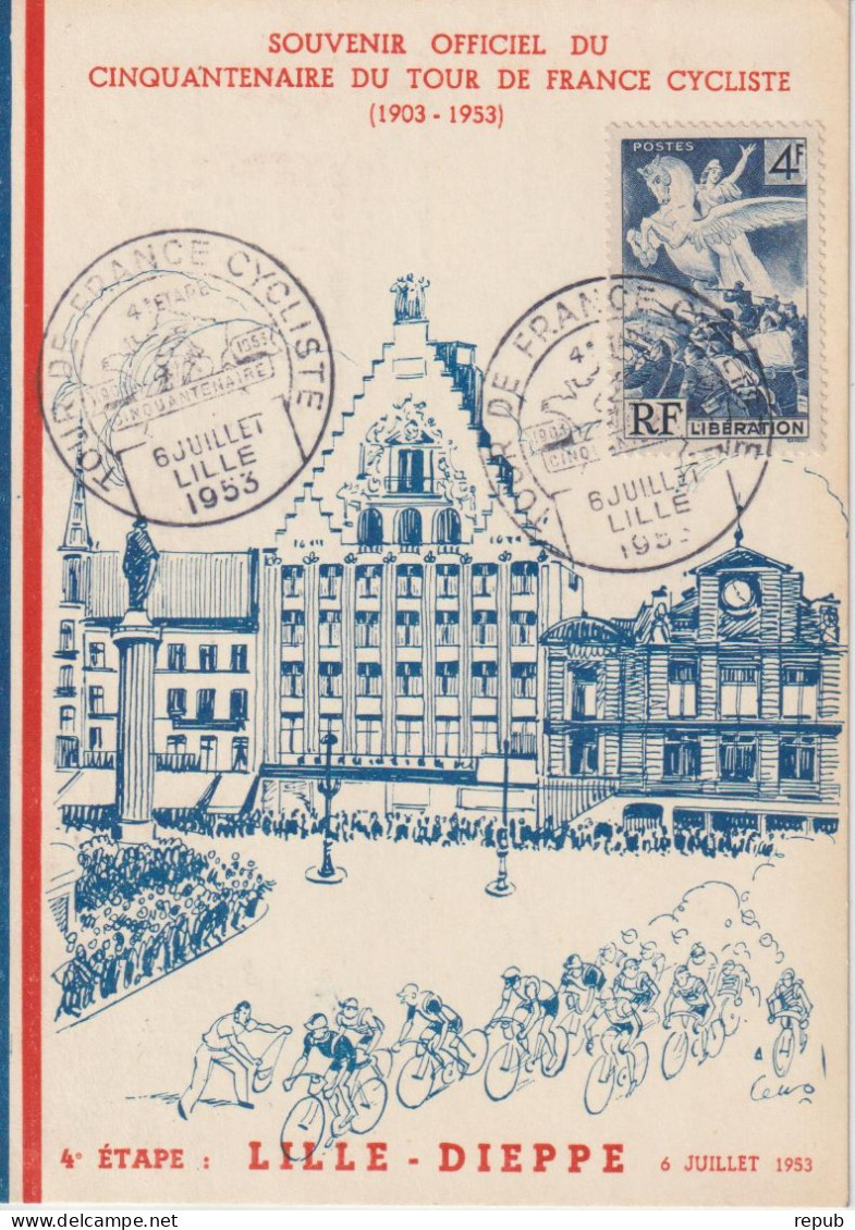 France Carte Et Cachet Tour De France 1953 Lille - Cachets Commémoratifs