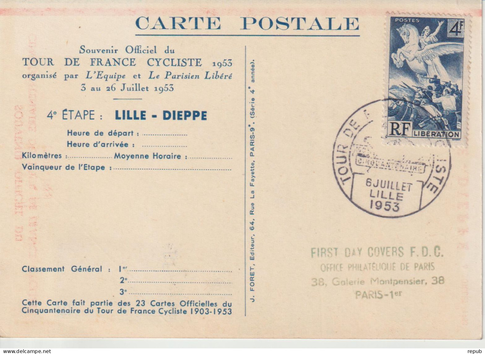 France Carte Et Cachet Tour De France 1953 Lille - Commemorative Postmarks